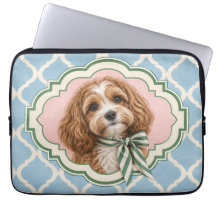 Capa de Laptop Cachorro Cavapoo Preppy Azul Rosa V