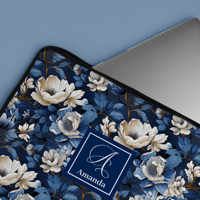 Para Notebook Capa de Laptop Designer Flores Azul Glam e Marfim (Glam Blue and Ivory Flowers Designer Laptop Case)