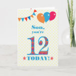 Para o Cartão de Balões de Bunting Son 12 Birthday<br><div class="desc">Um cartão de aniversário colorido para um filho de 12 anos, O grande número 12 está cheio de um padrão laranja, vermelho e azul, esboçado em azul brilhante. Há balões e bunting no topo, em cores coincidentes e a saudação do cobrir é, 'Filho, você tem 12 anos hoje!' em letras...</div>