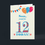 Para o Cartão de Balões de Bunting Son 12 Birthday<br><div class="desc">Um cartão de aniversário colorido para um filho de 12 anos, O grande número 12 está cheio de um padrão laranja, vermelho e azul, esboçado em azul brilhante. Há balões e bunting no topo, em cores coincidentes e a saudação do cobrir é, 'Filho, você tem 12 anos hoje!' em letras...</div>