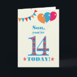 Para o Cartão de Balões de Bunting Son 14 Birthday<br><div class="desc">Um cartão de aniversário colorido para um filho de 14 anos, O grande número 14 está cheio de um padrão laranja, vermelho e azul, esboçado em azul brilhante. Há balões e bunting no topo, em cores coincidentes e a saudação do cobrir é, "Filho, você tem 14 anos hoje!" em letras...</div>