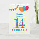 Para o Cartão de Balões de Bunting Son 14 Birthday<br><div class="desc">Um cartão de aniversário colorido para um filho de 14 anos, O grande número 14 está cheio de um padrão laranja, vermelho e azul, esboçado em azul brilhante. Há balões e bunting no topo, em cores coincidentes e a saudação do cobrir é, "Filho, você tem 14 anos hoje!" em letras...</div>