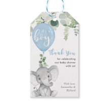 É uma etiqueta de chá de fraldas de balão de elefa