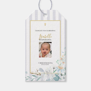 Para Presente Elegante Etiqueta de Foto de Batismo Floral Azul D