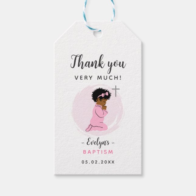 Para Presente Etiqueta de Agradecimento de Batismo de Menina Neg (Frente)