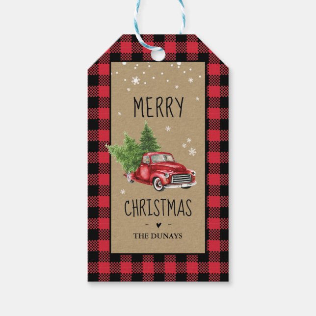 Para Presente Etiqueta de Caminhão de Natal da Xadrez Vermelha (Frente)