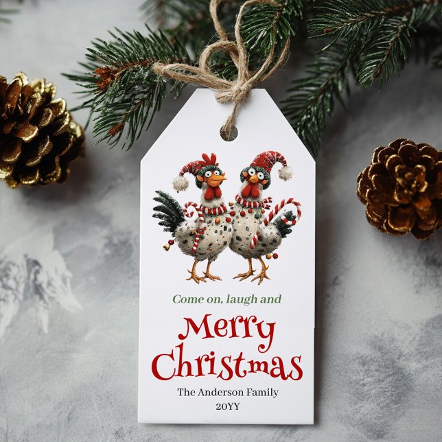 Para Presente Etiqueta de Natal de Frangos Caprichosos Estilo Ca (Whimsical Chickens Christmas Tag Cartoon Style)