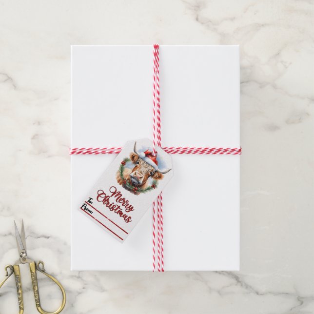 Para Presente Etiqueta de Natal de vaca alegre com chapéu (Com cordão)