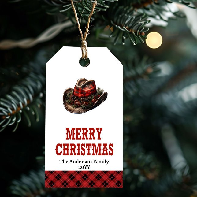 Para Presente Etiqueta de Natal ocidental editável com chapéu de (Editable Western Christmas tag with cowboy hat)