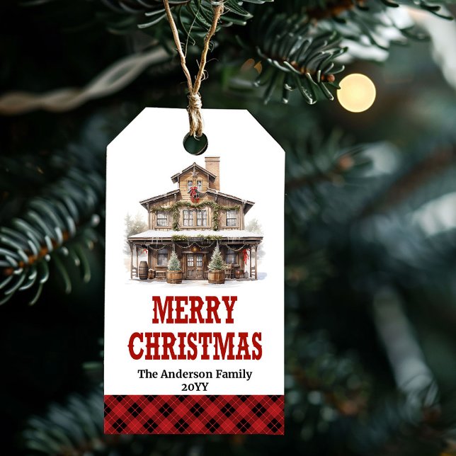 Para Presente Etiqueta de Natal personalizada com rancho e banda (Personalized ranch Christmas tag with red bandana)