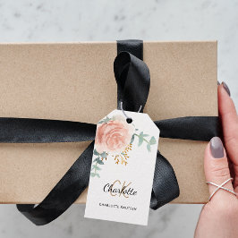 Para Presente etiqueta de rosa dourado floral verde monograma co