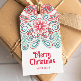 Para Presente Etiqueta Feliz de Natal com Red and Green Fowers