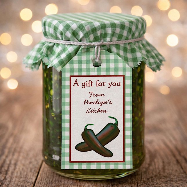 Para Presente Etiqueta Pendente de Geleia de Jalepeno Gingham Ve (Dress up your gift jars.  Find matching gingham fabric in my shop!)