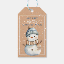 Feliz Snowman na Etiqueta de Natal do Chapéu Azul