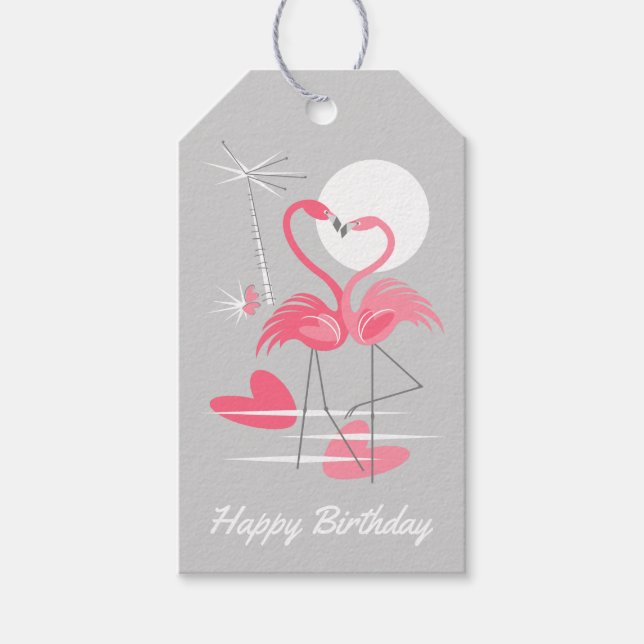Para Presente Flamingo Love Happy Birday cinza de volta etiqueta (Frente)