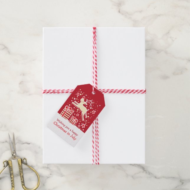 Para Presente Natal em julho, renas sobre presentes com etiqueta (Com cordão)