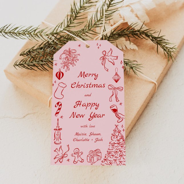 Para Presente Pink Red Doodt - Etiqueta de Natal Quirky Holiday (Criador carregado)
