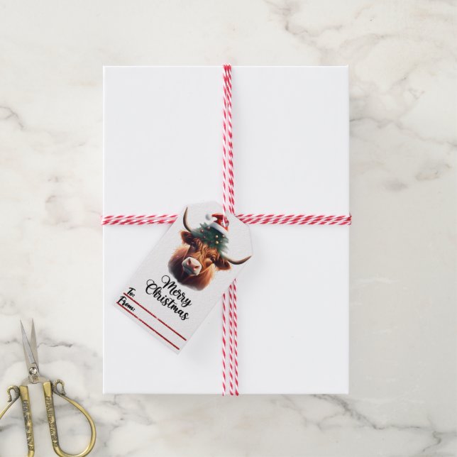 Para Presente Vaca alegre com a etiqueta de Natal (Com cordão)