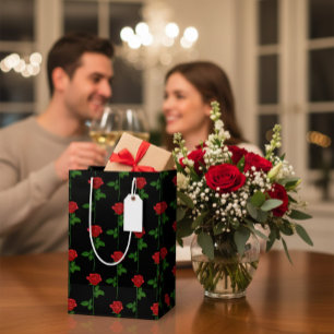 Para Presentes Média Elegante Sacola de Presente Preta com Rosas Vermel