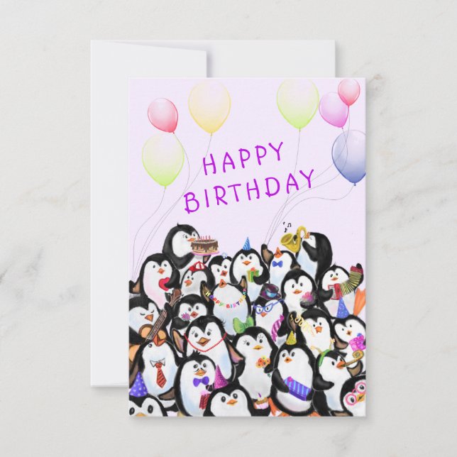 Parabéns Cartão de Aniversário Pinguim Festa de An (Frente)