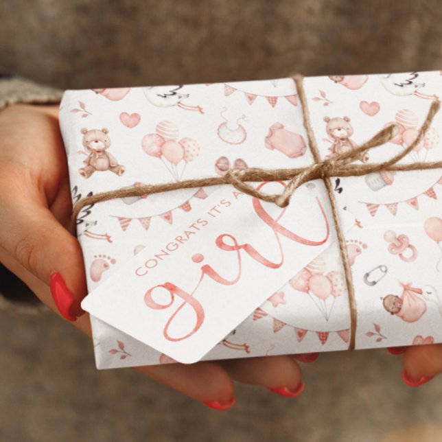 Parabéns, é uma etiqueta de presentes para garotas (Congratulate the new parents with this lovely personalized, "It's a girl" bear gift tag! )