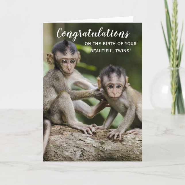 Parabéns Novo Cartão de Macaco Gêmeos Bebê (Frente)