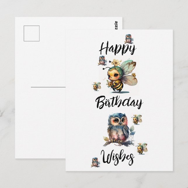 PARABÉNS Owls and Bees |  Cartão postal (Frente/Verso)