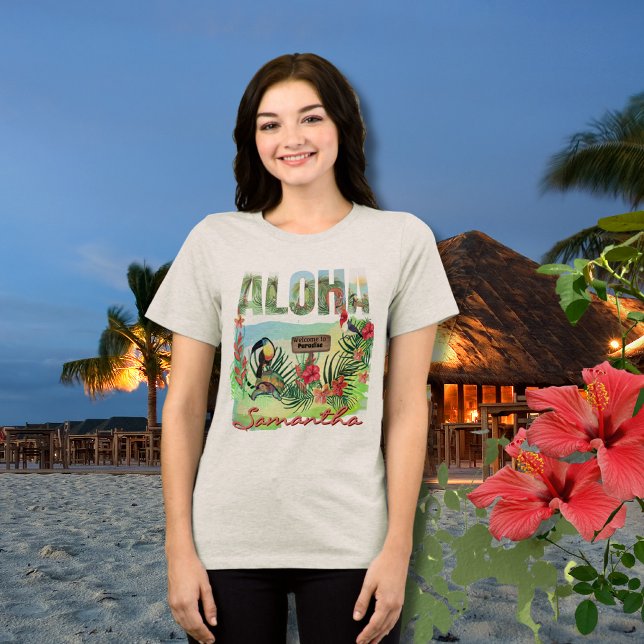 Paradise Tropical Aloha Personalizado de Dois Lado (Personalized Aloha Tropical Paradise Double-Sided Tri-Blend Shirt - light)