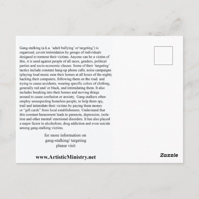 Parar CARTÃO POSTAL Gang-Stalking (Verso)