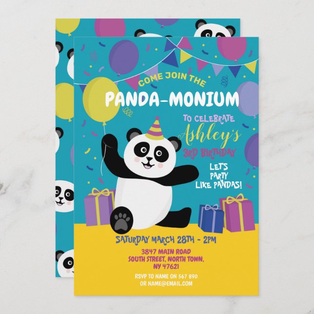 Parceiro Panda Aniversário Panda-Monium Convite Te (Frente/Verso)