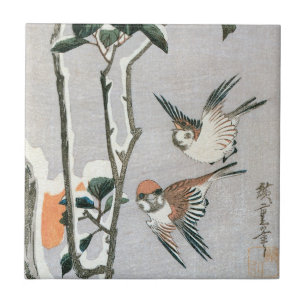 Pardais e Camélia na Neve por Ando Hiroshige