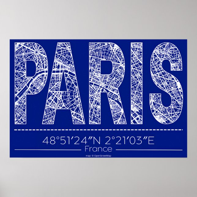 Paris Blueprint Typography Map Poster – Horizontal (Frente)