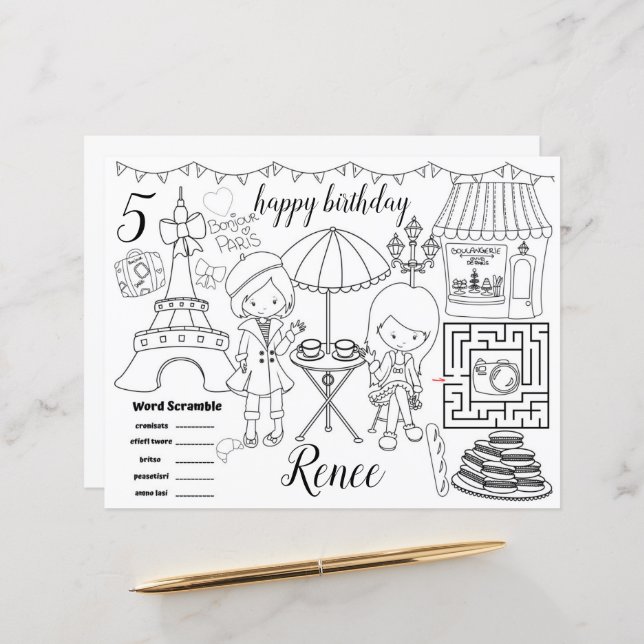 Paris Eiffel activity color sheet placemats (Frente/Verso In Situ)