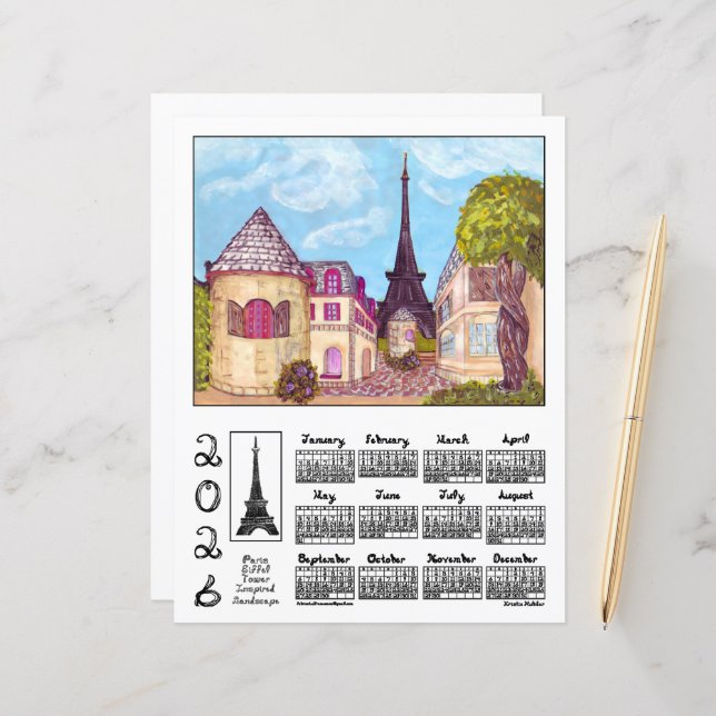 Paris Eiffel Tower Landscape 2026 Calendar Paper (Frente/Verso In Situ)