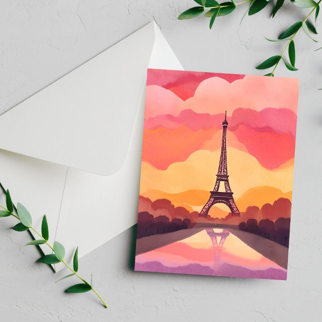 Paris Sunset | Eiffel Tower France Watercolor Card (Criador carregado)
