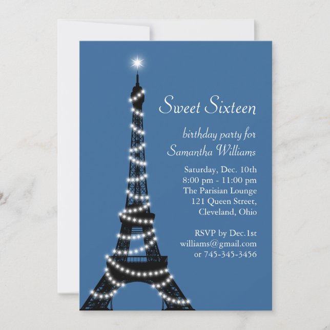 Paris Sweet 16 Convite a azul (Frente)
