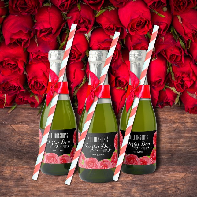 Parte Derby de Rosas vermelhas de Aquarela Mini (Watercolor Red Roses Derby Party Mini Sparkling Wine Bottle  Labels (straws, ribbons not included))