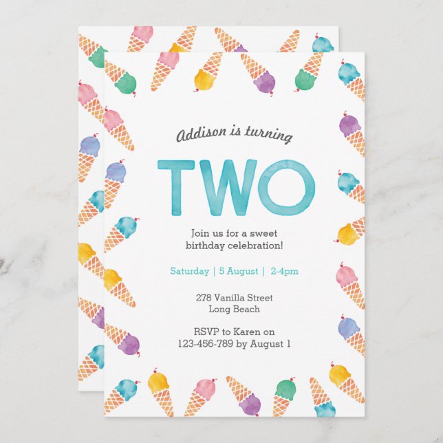 Parte segundo aniversário | Convite para Sorvete A (Frente/Verso)