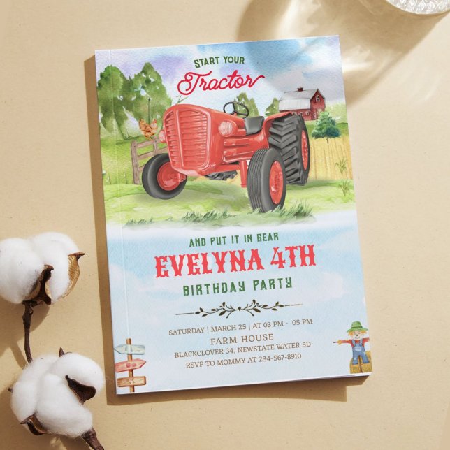 Partido de Convite de Aniversário do Trator Editáv (Editable Tractor Birthday Invitation Party)