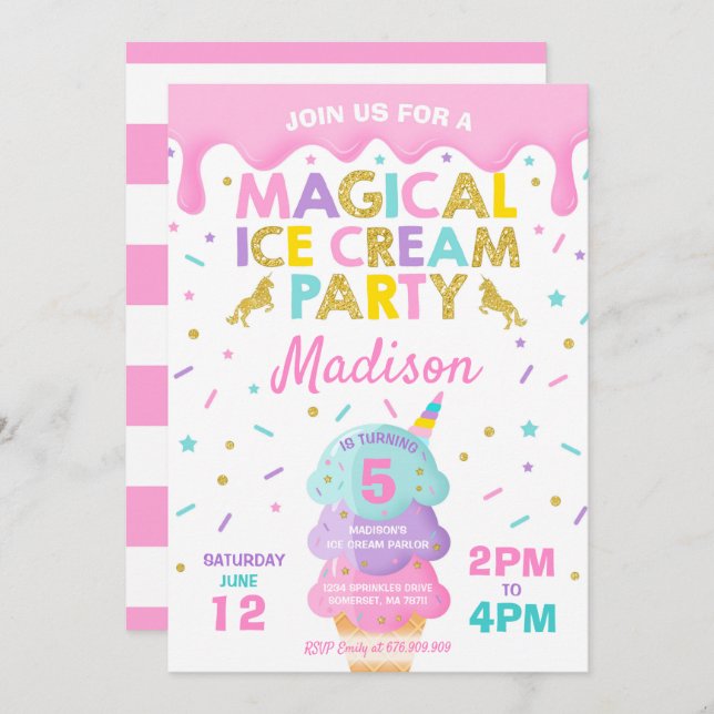 Partido do sorvete do unicórnio do convite do (Frente/Verso)