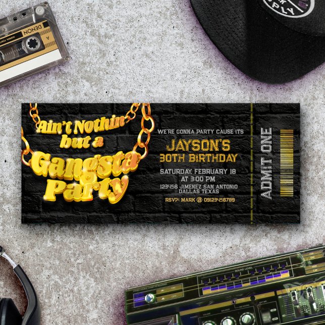 Partido Gangsta - Convite de Tíquete de Tema do Hi (Gangsta Party - Hiphop Theme Ticket Invitation)
