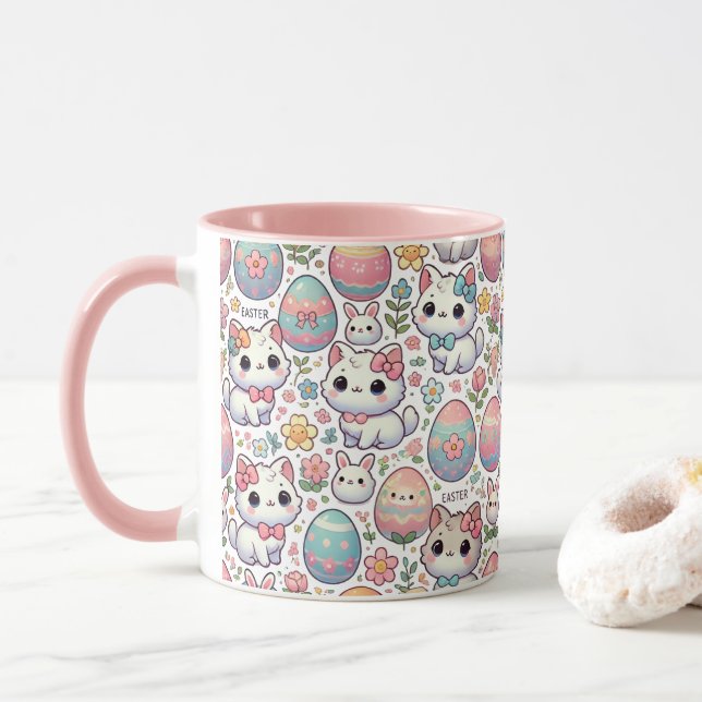 Páscoa de Kawaii - Caneca de Gato - Ovos Gatinhos (Com Donut)