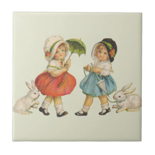 Páscoa Vintage Crianças Coelhinhos Toucas Antigo