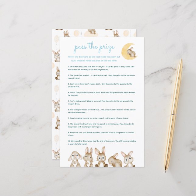 Pass The Prize Cute Bunny Blue Baby Shower Game (Frente/Verso In Situ)