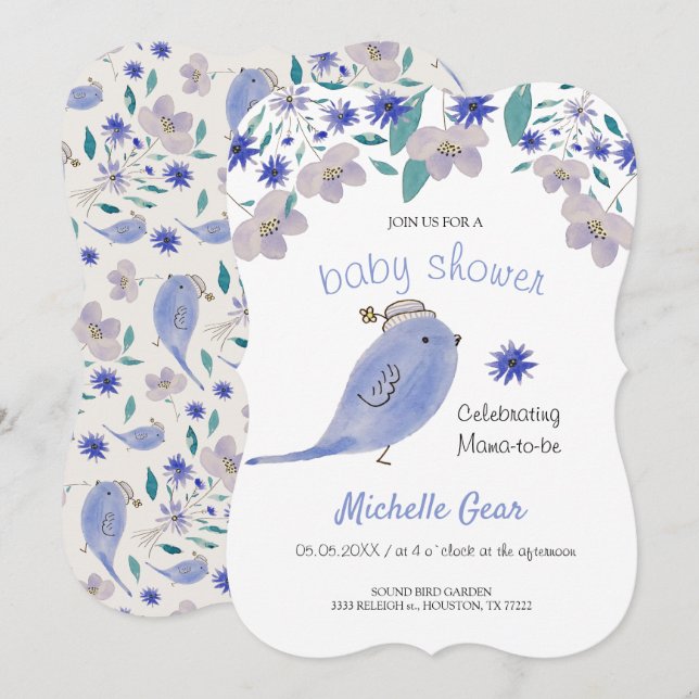 Passarinho Azul Fofo Com um Chapéu de Flor (Frente/Verso)