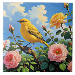 Pássaro amarelo colorido e rosas cor-de-rosa bonit