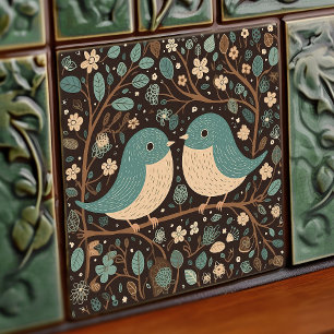 Pássaro Amor Vintage Marrom Azul Art Nouveau Baço