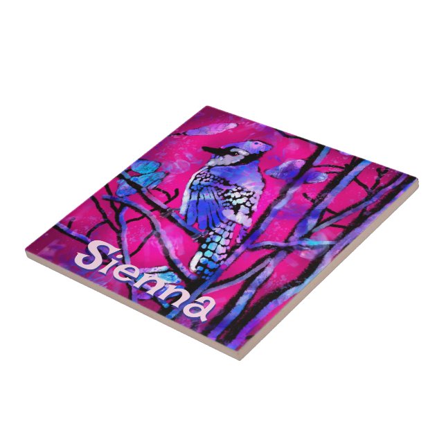 Pássaro Azul Gaio Ramo de Árvore Rosa Personalizad (Lateral)