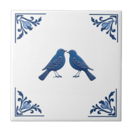 Pássaro Casal Delft Blue e White Floral Cantos