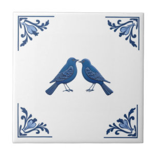 Pássaro Casal Delft Blue e White Floral Cantos